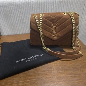 Brown Suede Loulou Chain Shoulder Bag with Gold Hardware